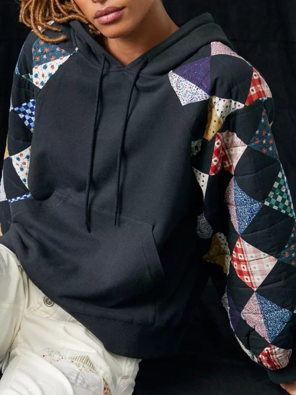 OTHILIA Anthropologie Quilted Patchwork Puff Sleeve Hoodie Sweatshirt